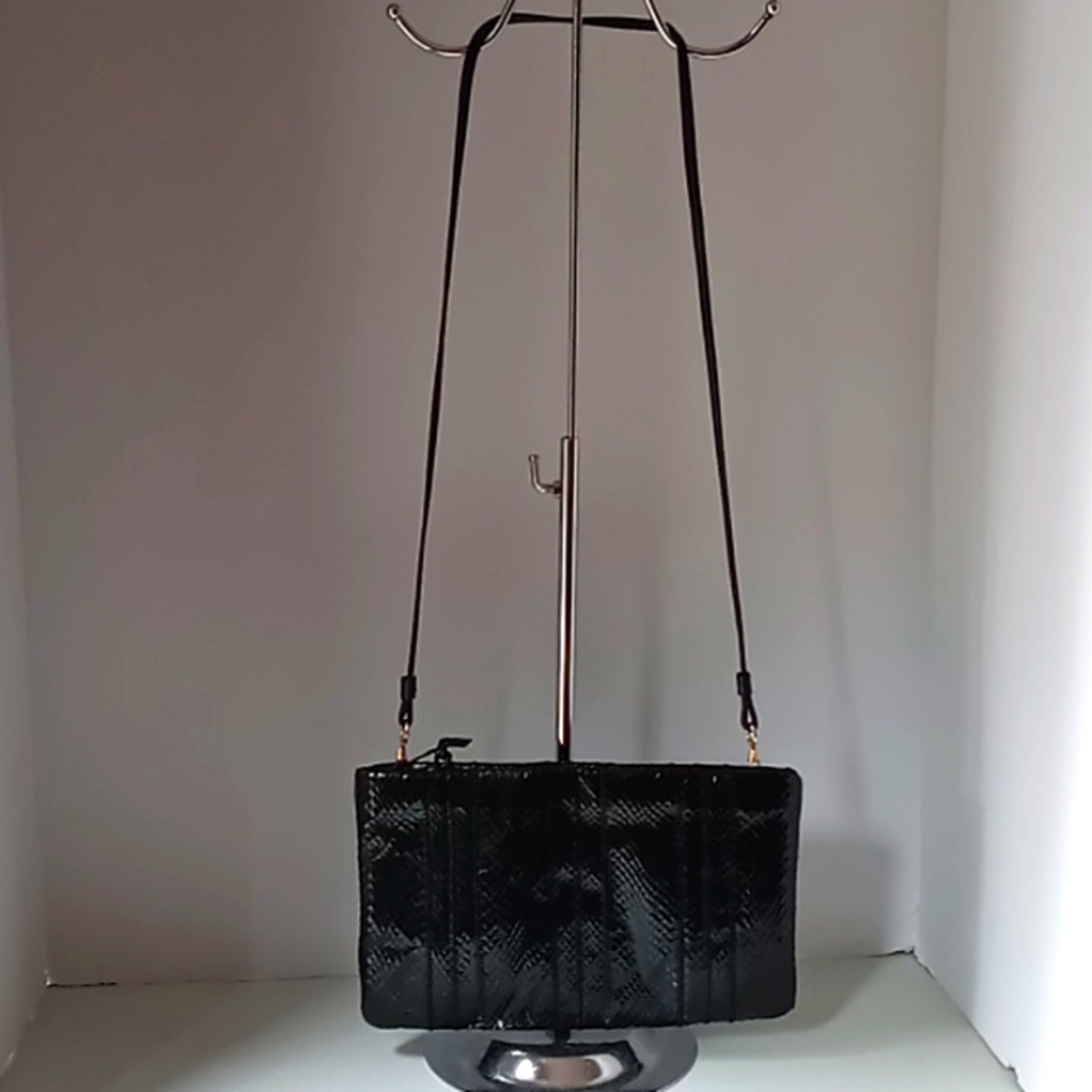 Clemente - Vintage, '80s Genuine Snakeskin Evening Clutch/Shoulder Bag -Black